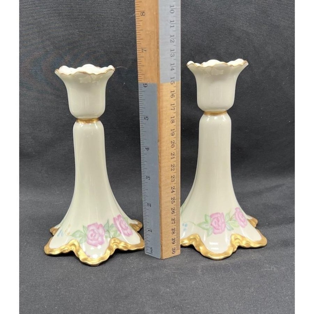Haviland France Limoges Porcelain Candlestick Holders Pink Rose Gold Trim Set 2 - Picture 2 of 9